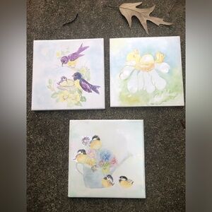 Song Bird & Baby Duck Art Hand Painted Tiles 6x6” Floral Whimsical Cottage Gift